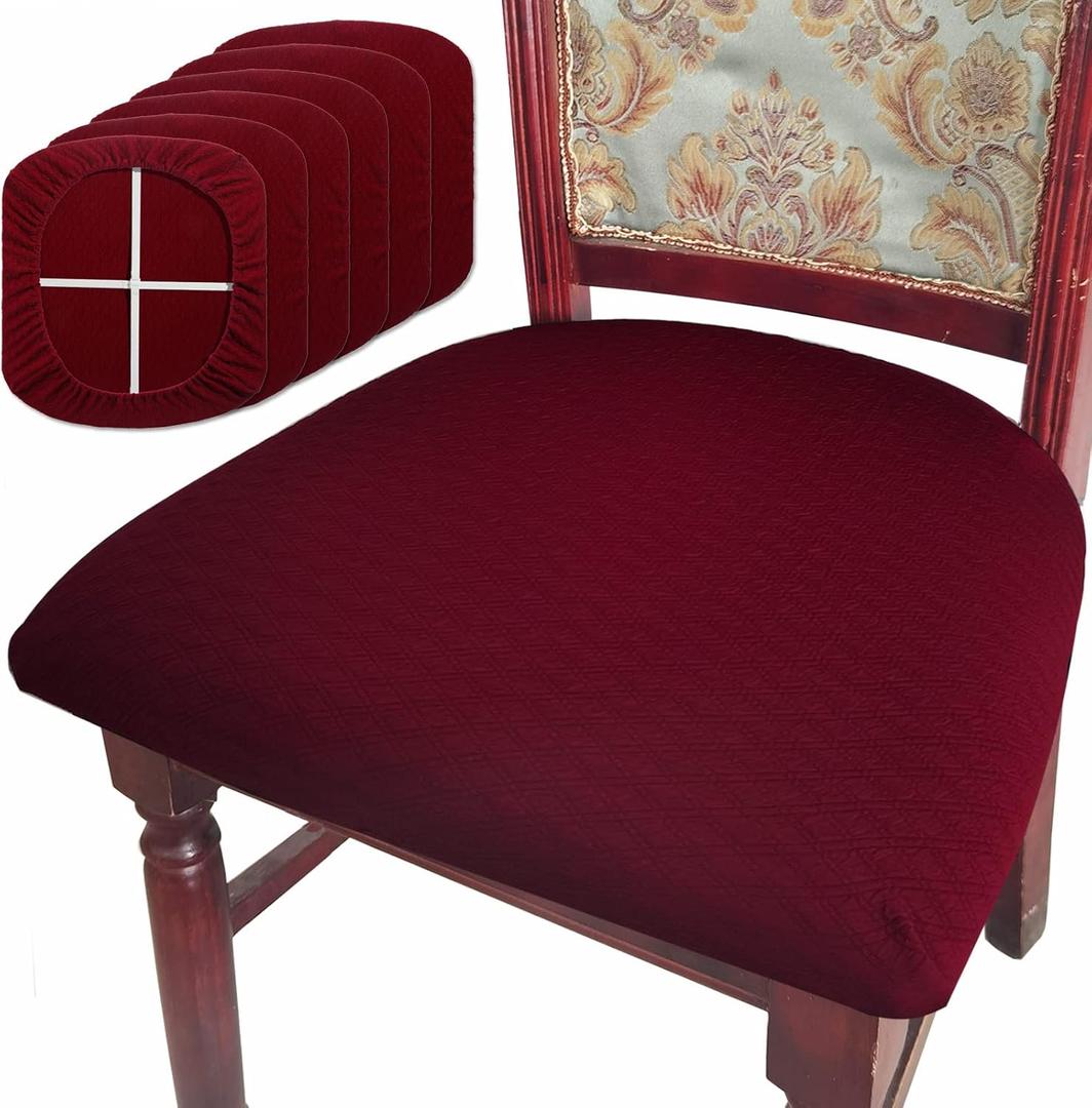 BUYUE Dining Room Chair Seat Covers Set of 6, TPU not Mixed, Friendly Jacquard Fabric Stretch Washable Slipcover for Kitchen Seat Cushions, Burgundy-6PCS