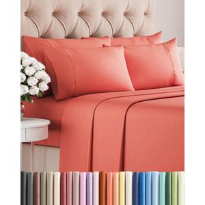 Cal King 6 Piece Sheet Set - Comfy, Breathable & Cooling - Hotel Luxury Bedding for Women, Men, Kids, Teens & Children - 1 Flat & 1 Fitted Sheet & 4 Pillowcases w/ Deep Pockets - Wrinkle Free - Coral