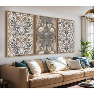 Large Retro Framed Wall Art - Natural Float Framed Vintage Flowers Canvas William Morris Painting Pictures Rustic Floral Pattern Prints Artwork for Living Room Bedroom Office Decor 48" X 24" Set of 3