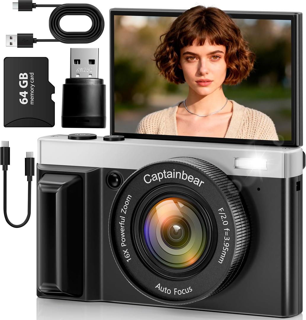 4K Digital Camera,64MP Cameras for Photography with 16X Digital Zoom, AutoFocus Vlogging Camera for YouTube, 3" 180Â°Flip Screen Compact Travel Camera, Anti-Shake 4K Video Cameras