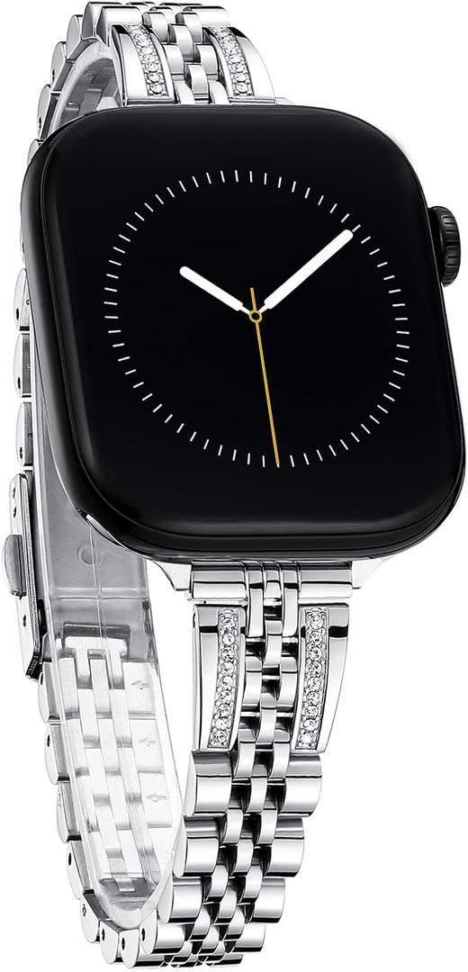 Slim Watch Band for Apple Watch Series 11, 10, 9, 8, 7, 6, 5, 4, 3, 2, 1, SE 3/2/1 Women, Bling Stainless Steel Metal Band for Apple Watch 40mm 41mm 42mm 38mm 44mm 45mm 46mm for iWatch