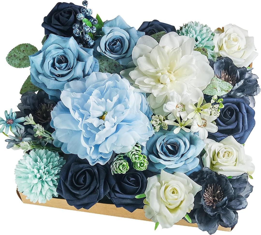 Artificial Flowers Combo Box Set,Silk Fake Flowers Roses Bridal Bouquets Out/Indoor DIY Centerpieces White Flowers for Decoration Arrangements Party Baby Shower Home Cake Decor (White&Blue)