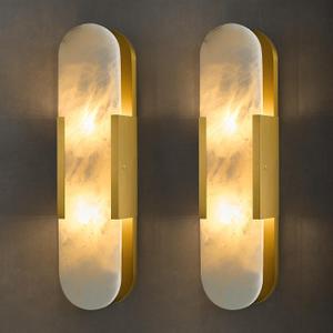 Alabaster Brass Oval Wall Sconce - Set of 2 Natural Spanish Stone Indoor Lighting Fixture - Luxury Modern Gold Dimmable Sconces with Bulb - Elongated Brushed Vanity Light for Bathroom Bedroom, 2 Pack