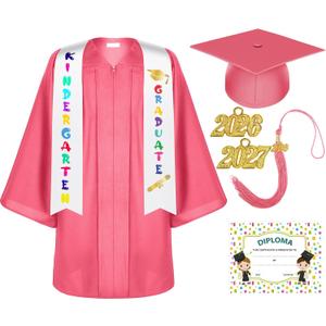 Unisex Matte Kindergarten Graduation Gown Cap Tassel Set with 2024 Charm Printed Stole for Kid Grad Gift(Pink, 33)