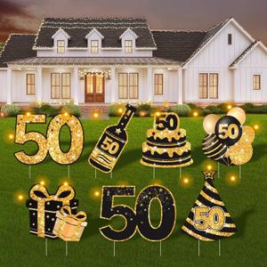 ComboJoy 50th Birthday Yard Signs with Stakes, 7 Pcs Birthday Decorations for Men & Women with LED Lights & Double-Sided Tape, Ideal Outdoor/Indoor Party Favors, Photo Props & Lawn Decorations (Gold)