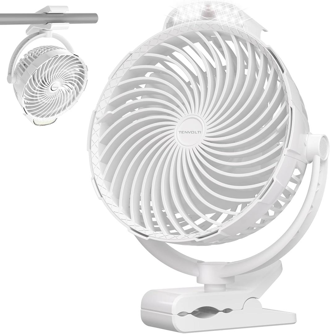 10000mAh Clip on Fan, 8-Inch Golf Cart Fan Rechargeable with LED Light, 9 Speeds Strong Airflow, Ultra Quiet, 30Hrs Runtime, 360 Rotation, Cooling for Bed Camping Office Desk Dorm, White