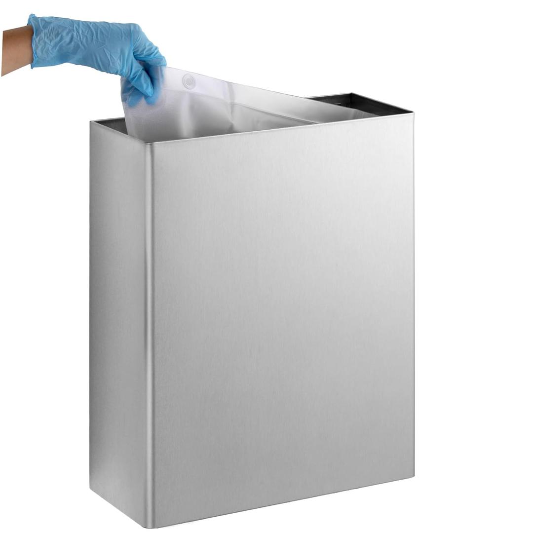 Bobrick Surface-Mounted Waste Receptacle, 6.4-gallon Capacity, Satin-Finish Stainless Steel, Open Top Design with Removable Vinyl Liner, 14" W x 18" H x 6" D (Model B-279)
