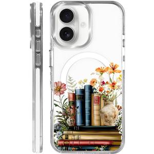Magnetic Case for iPhone 16 Design On Clear Base, Compatible with MagSafe, Slim Protective Soft TPU Bumper Phone Cover Women Girls Case for iPhone 16 -Clear Book Lover Flower