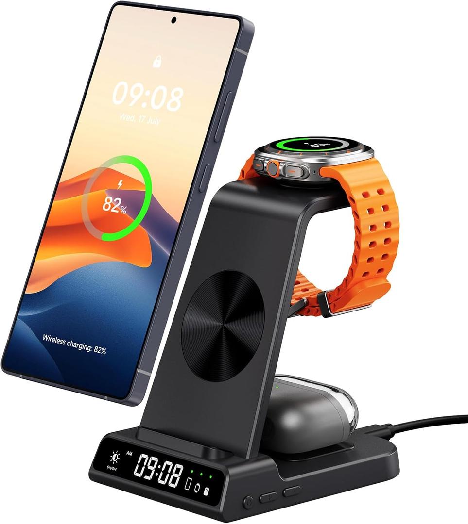 Wireless Charger for Samsung Devices, Wireless Charging Station for Galaxy S25 Ultra/S25+/S25/Z Flip7/Z Fold/S24 Ultra/S23/S22/S21, for Galaxy Watch 8/8 Classic/7/Ultra/6/5 Pro/5/4, Galaxy Buds3 Pro (Black)