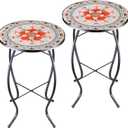 Arbuxzuy 2PCS 12 Inch Small Outdoor Side Table with Pink Flower, Glass Mosaic Patio Table Indoor, Round Plant Coffee Table for Living Room, Balcony, Garden
