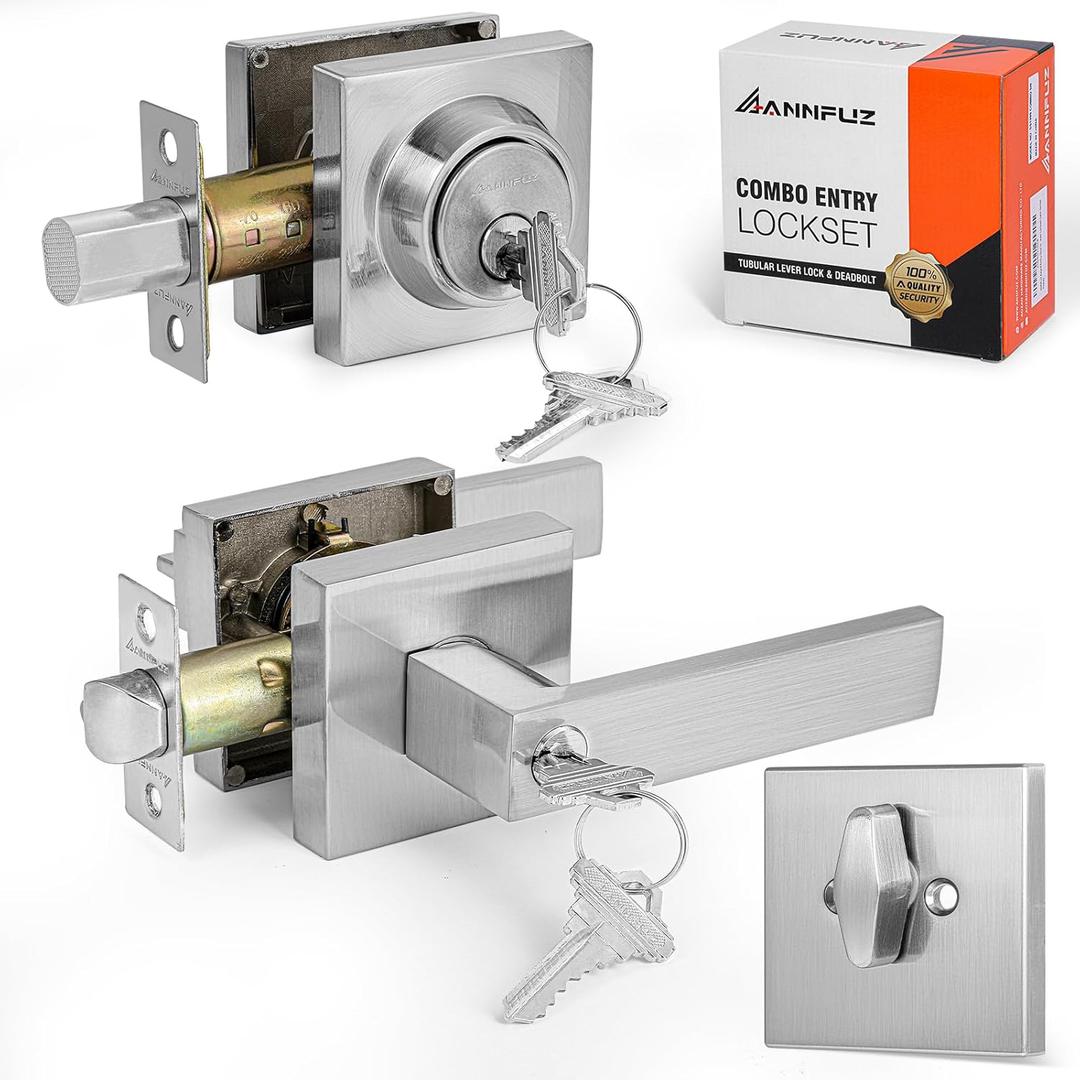 ANNFUZ Keyed Alike Combo Set Entry Door Lever Lock Set with Same Keys & Single Cylinder Deadbolt, Heavy Duty Square Door Handle Lockset, for Front Door, Bedroom & Office, Brushed Nickel