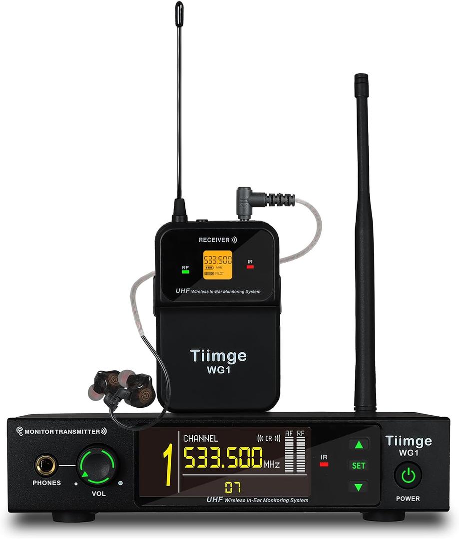 UHF Wireless In-Ear Monitor System - 99 UHF Frequencies Mono IEMs for Musicians, 164ft Stable Transmission Range, Ideal for Stage Performance, Bands, Studio Recording, Lectures & Speeches (WG1)