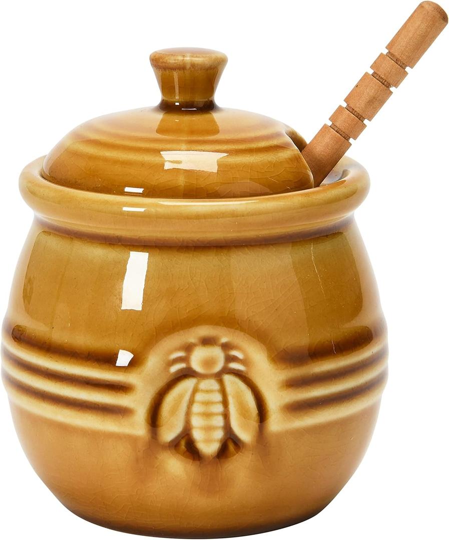 Creative Co-Op Farmhouse Embossed Stoneware Honey Pot with Wood Honey Dipper, Amber Orange (8 ounces)