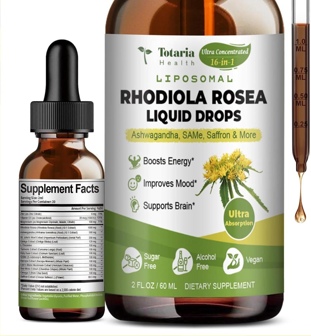 Totaria 16-in-1 Liposomal Rhodiola Rosea Supplement Tincture 1000mg, Ultra Strength Rhodiola 10:1 Root Extract w/Ashwagandha, Rhodiola Liquid Drops for Natural Relaxation, Mood, Energy, Alcohol-Free (2 Fl Oz (Pack of 1))