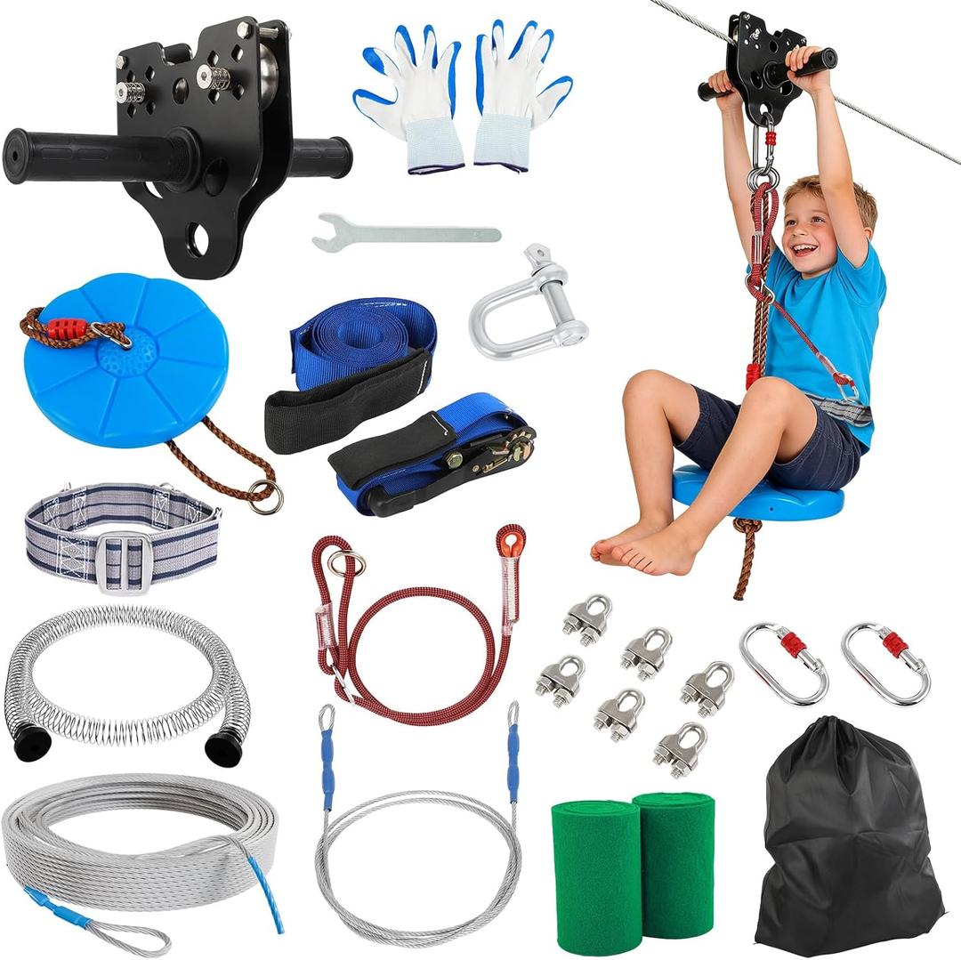 FAHKNS Zipline for Backyard Kids and Adults: 200FT Up to 400 lbs - Upgraded Quick Tightening System,Removable Trolley,Height Adjustable Thickened Seat,Outdoor Kids Play Equipment