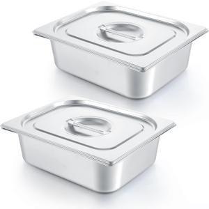 2 Pack Stainless Steam Hotel Pan with Lid, Steam Table Pan Restaurant Supplies Reusable Anti Rust Steam Pan Water Pan for Home, Party, Restaurant, Hotel, Buffet (1/2 Size x 4 Inch Deep)