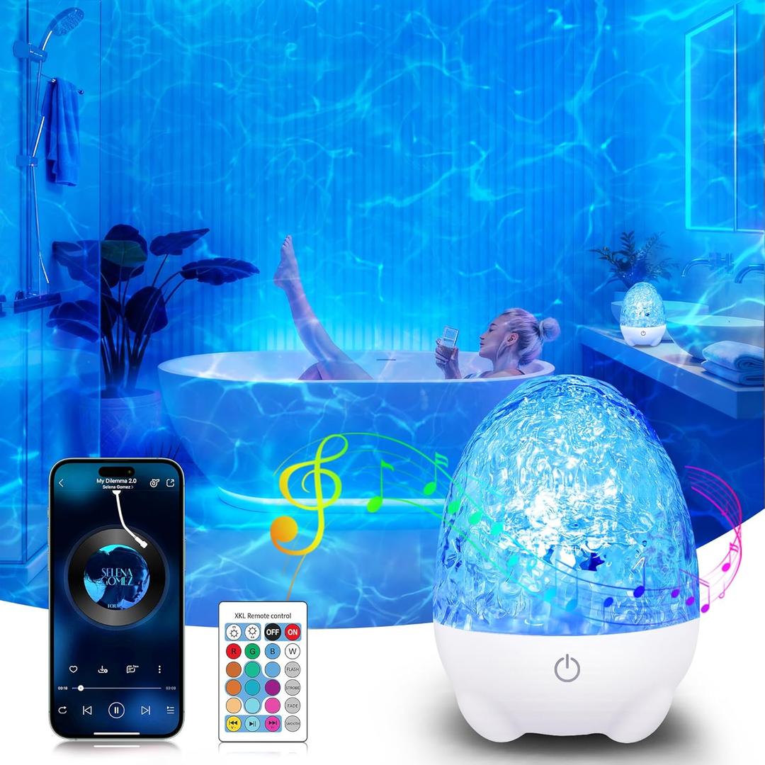 Rechargeable Shower Lights for Inside Shower, 17 Colors RGBW Waterproof Shower Lamp with Bluetooth Speaker, Ocean Wave Projector Light with Remote Control, LED Water Ripple Lamp for Bathroom, Bedroom