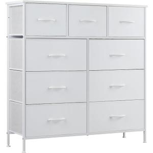 DUMOS Dresser for Bedroom, Storage Organizer with 9 Drawers, Chest of Drawers with Fabric Bins, Sturdy Metal Frame, Wood Tabletop for Guest Room, Closet, Entryway, Nursery