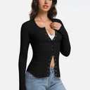 Abonlen Womens Cardigan Lightweight Waffle Knit Long Sleeve Button Down Shirts Fitted Going Out Tops (Black, L)
