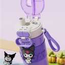 Kuromi Stainless Steel Insulated Water Bottle with Carrying Loop (Spout & Straw) - 510ml, Purple