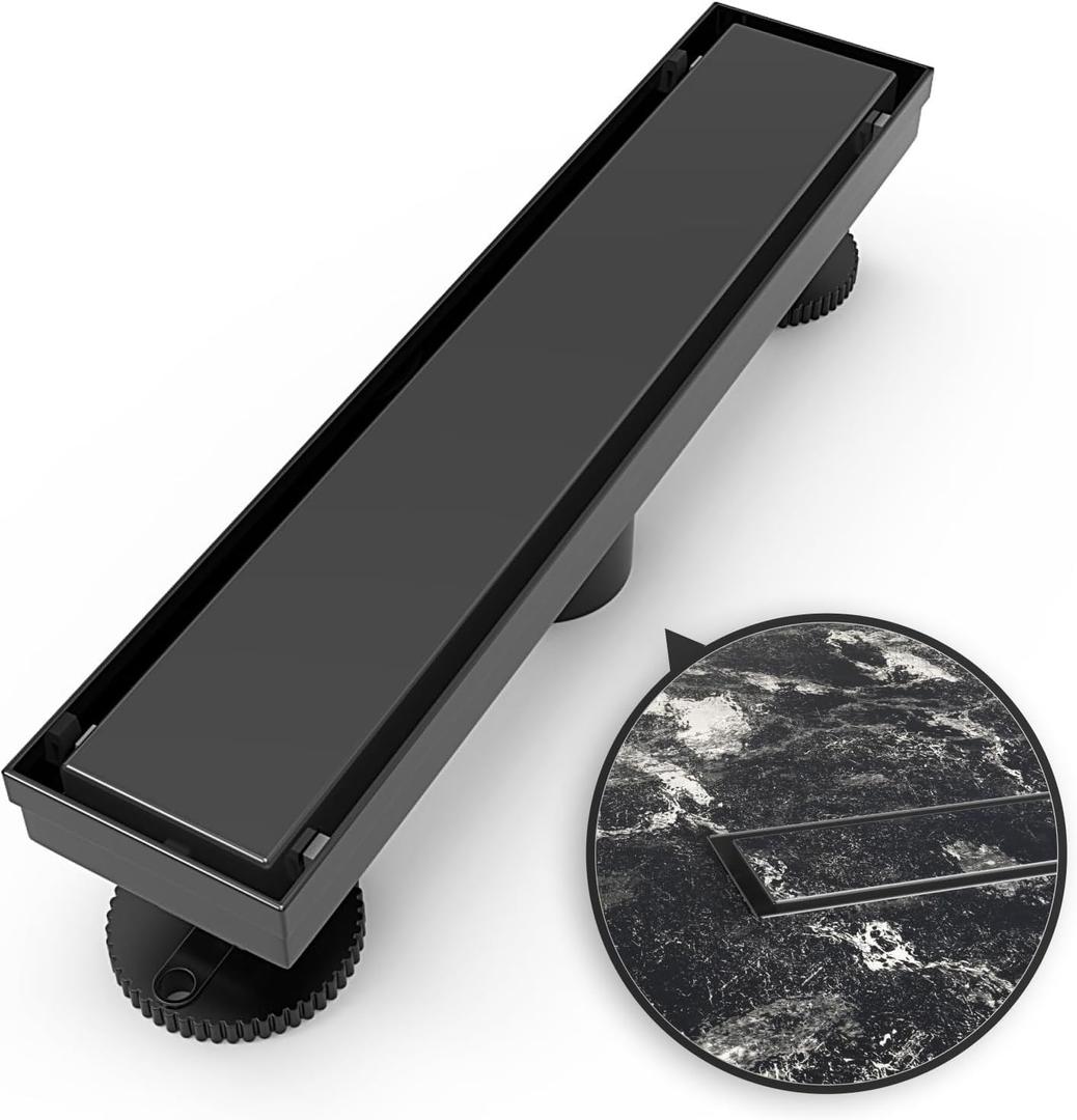 12 Inch Linear Shower Drain Rectangular Floor Drain with Accessories Reversible 2-in-1 Cover Tile Insert Grate Removable SUS304 Stainless Steel CUPC Certified Matte Black
