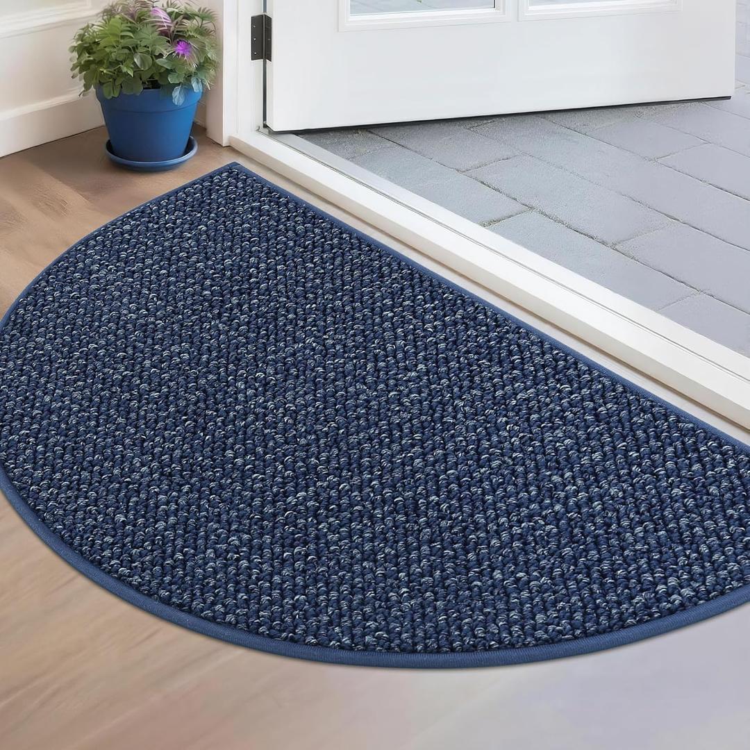 BEQHAUSE Dirt Trapper Door Mat 17" x 30" Half Circle Non Slip Washable Doormats Entrance Rugs Absorbent Welcome Low Profile Floor Mats for Front Back Door and Entryway, Blue  (Semicircular))