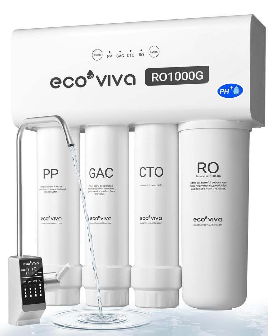 Ecoviva 1000GPD UnderSink Reverse Osmosis System, German Design, NSF/ANSI 58 61 372 Tankless 9-Stage 3:1 Pure to Drain, 10 Years Robust Alkaline RO Water Filtration, Fully Sealed