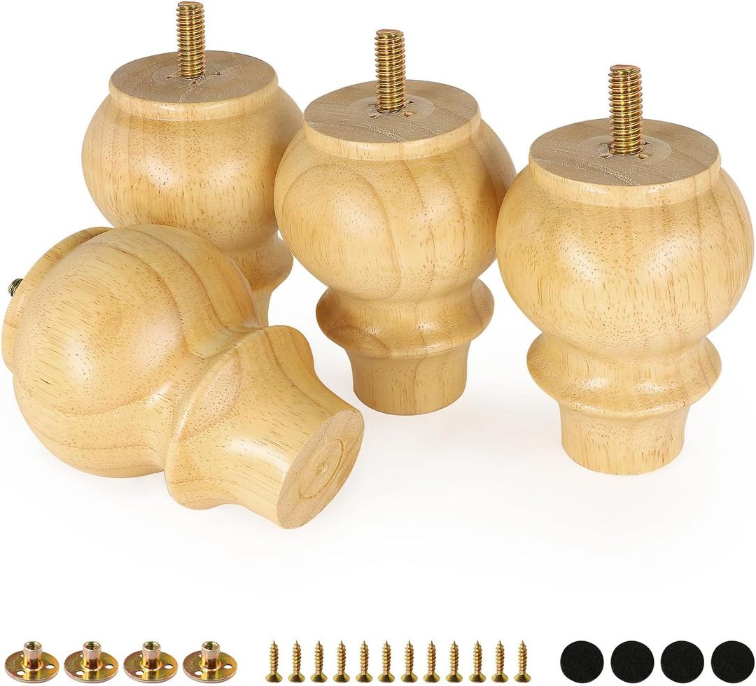 FoDau770 Rubber Wood Furniture Legs 4 Inch, Mid-Century Modern Couch Feet Heavy Duty Sofa Legs Set of 4, Vintage Dresser Feet Round Ottoman Leg Bun Feet Replacement Leg for DIY Furniture Projects