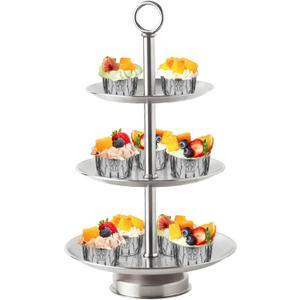 3 Tier Silver Metal Cupcake Stand Holder, Stainless Steel Cup Cake Stand Tower with Tiered Serving Tray and Base for Parties, Weddings, Birthdays and Any Festivals and Celebrations (with Base)