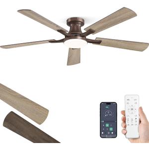 ZMISHIBO 52 Inch Ceiling Fan with Light, App&Remote Control, Flush Mount Low Profile, Dimmable 20W LED Light, Quiet Reversible Motor for Bedroom, Living Room, Apartment, Brown