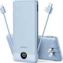 VEGER Portable Charger with Built-in AC Plug and Cables, All in One 10000mAh Ultra Slim Power Bank Travel Essentials, 15W Fast Charging Battery Pack Compatible with iPhone, Samsung, Android (Blue)