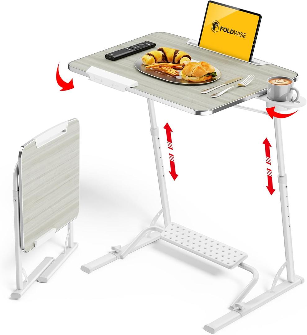 FoldWise Upgraded Folding TV Tray Table - Extra Large & Sturdy Laptop Table for Couch, Height & Angle Adjustable Desk for Dinner, Work & TV - Includes Footrest, Cup Holder, iPad Holder & Edge Stopper ((White) - Bright Wood)