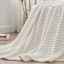 BEDELITE Blankets Queen Size for Bed, 300GSM Soft & Warm Fleece Blanket, Decorative and Giftable Striped Cream White Blankets for Women, Men, 90"x90"