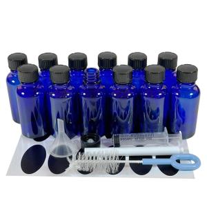 Bioll 30ml (1 oz) glass bottle. Essential oil bottle with lid. For Perfume, Aromatherapy, Lab Refillable Sample Vials - 12 Pack (Blue)