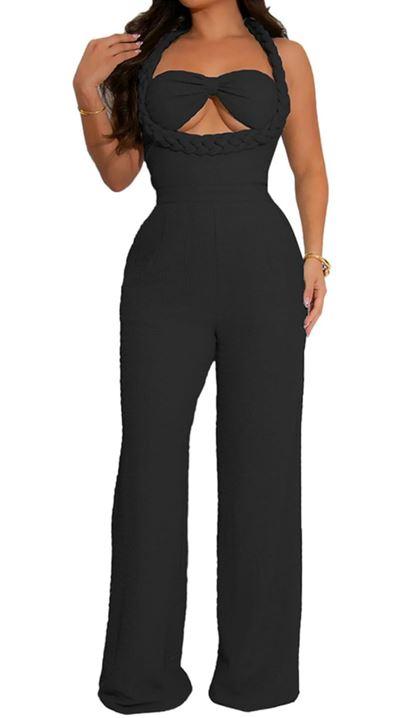 Qikaka Women's Sleeveless Halter Hemp Rope Bodycon Wide Leg Sexy Nightclub Party Jumpsuit Rompers Size L