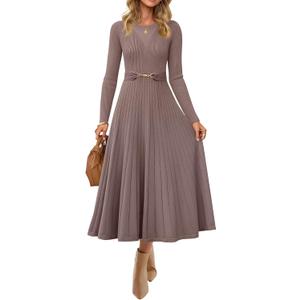 ZESICA Women's Long Sleeve Midi Sweater Dress 2026 Fall Crewneck Knit A Line Pleated Flowy Long Dresses with Belt, Khaki, Large