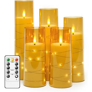 Flameless LED Candles with Timer 5 Pc Flickering Flameless Candles for Romantic Ambiance and Home Decoration Stable Acrylic Shell, Цith Embedded Star StringBattery Operated Candles Gold