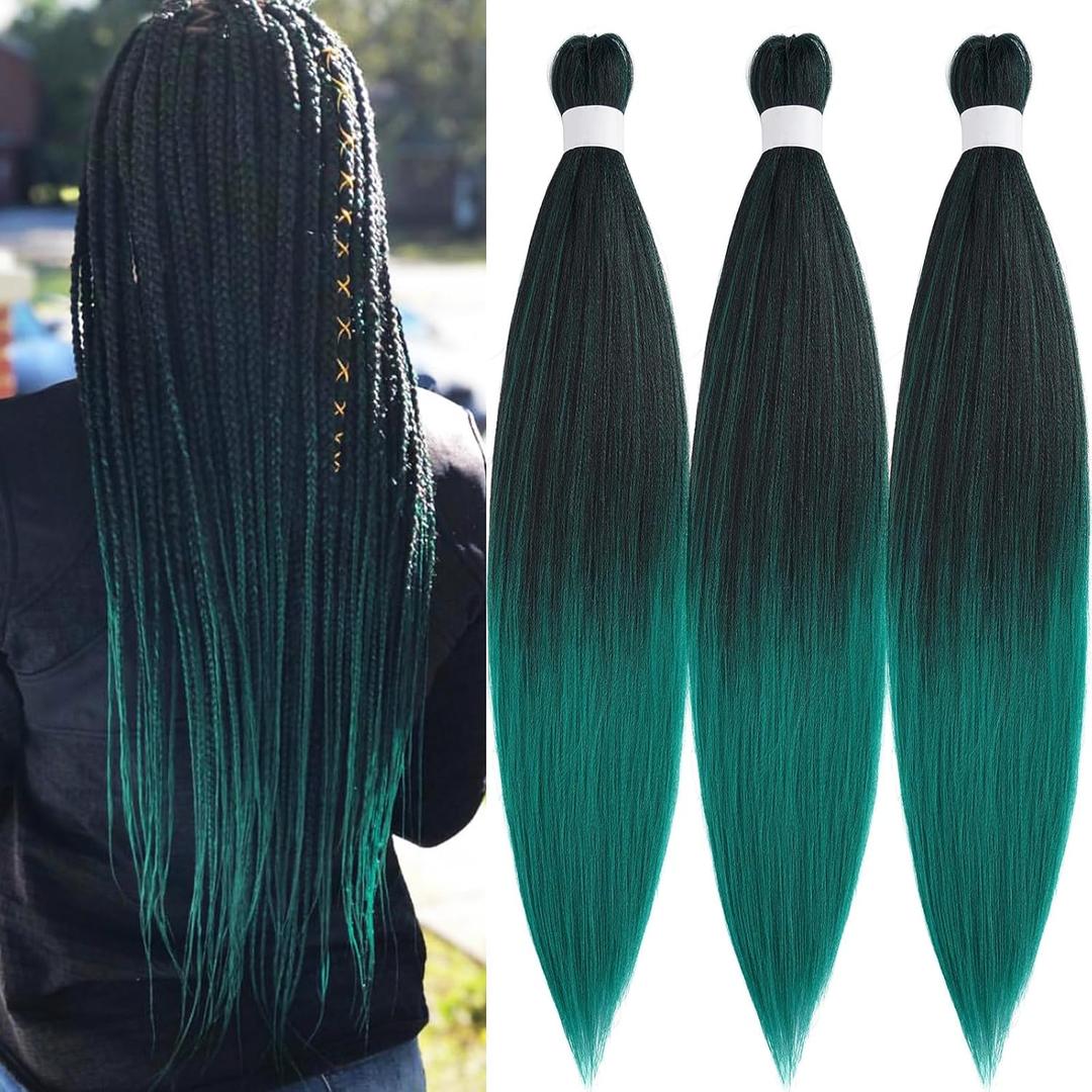 1b Green Pre Stretched Braiding Hair Green Ombre Braiding Hair Pre Stretched Synthetic Hair Extensions for Braiding Box Braids Yaki Knotless Hypoallergenic Prestretched Braiding Hair 26 inch