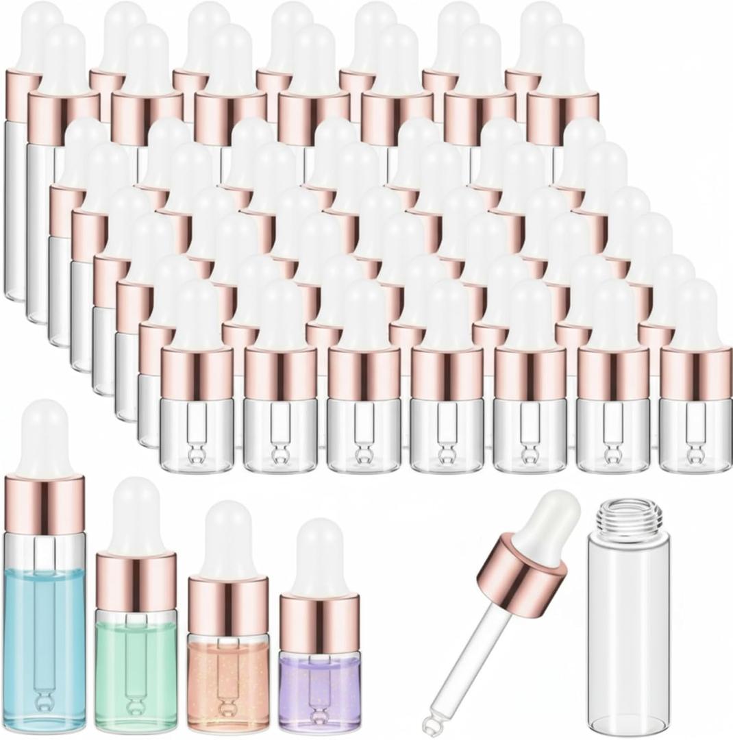 Didaey 20 Pcs Mini Glass Oil Dropper Bottle Bulk, Clear Essential Small Empty Bottles Sample Containers Perfume Liquid Vials with Cap for Traveling (1ml,2ml,3ml,5ml,Rose Gold)