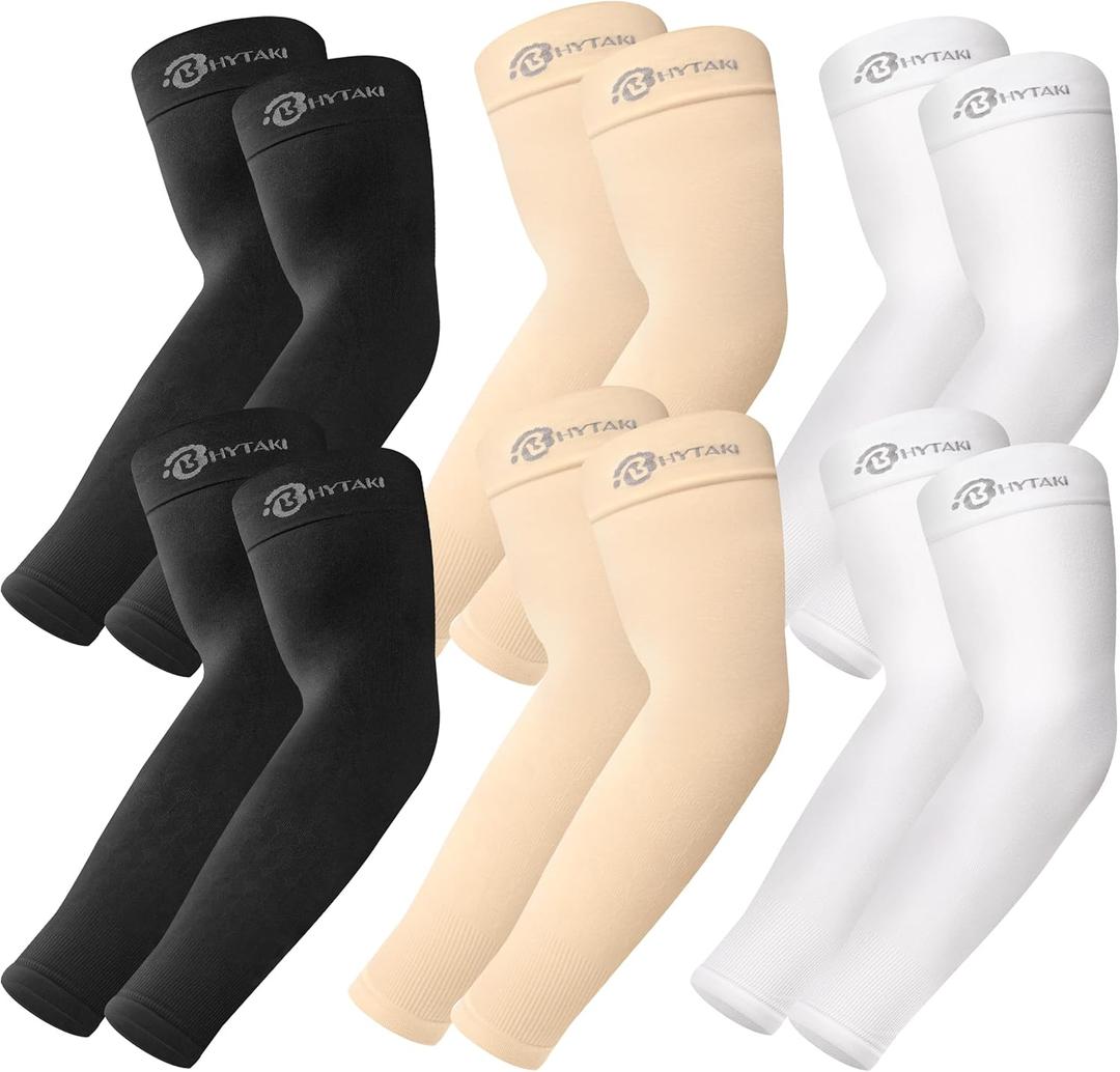 BHYTAKI UV Sun Protection Arm Sleeves, UPF 50 Sports Cooling Arm Compression Sleeves for Men Women Teenager (2 Black+2 White+2 Light Beige)