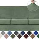 WEERRW 4 Pieces Velvet High Stretch Couch Covers for 3 Cushion Couch Sofa Slipcovers, Washable Furniture Protector with Non Slip Elastic Bottom, Feature Soft Plush Fabric, Greyish Green, Large