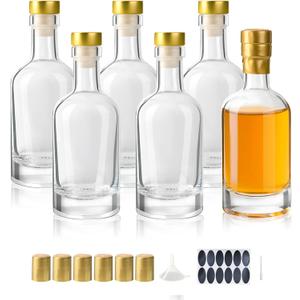 6 Pack 6oz (200ml) Clear Glass Liquor Bottles for Wine, Kombucha,Beverages, Oil, Vinegar, Empty Vodka Bottles, Glass Bottle with T-Top Caps, Heat Shrink Capsules