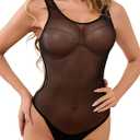 ABAFIP Women‘s Sheer Mesh Teddy Bodysuit Sleeveless See Through Cutout Monokini Backless Lingerie Leotard, No Size