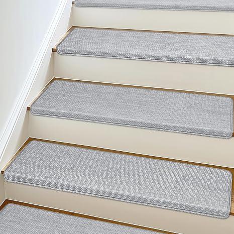 SMILOOL Bullnose Carpet Stair Treads Non Slip for Wooden Steps Indoor, 9.5" x 35" 4 Pieces, Extra Wide Bull Nose Carpet Runners for Wood Stairs, Step Covers, Stair Tread Rugs, Washable, Light Grey