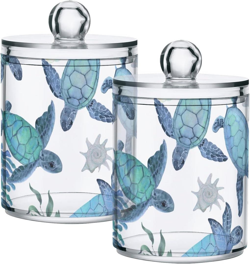 ALAZA Bathroom Canister Set of 2, Beach Coastal Turtles Plastic Jars Holder Dispense Qtip Holder Storage Jars with Lids, Home Decor
