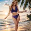Women's Mid Rise Bikini Suit Halter Neck V Tie Push Up Front Classic Polka Dot Two Swimsuit (Blue, XL)