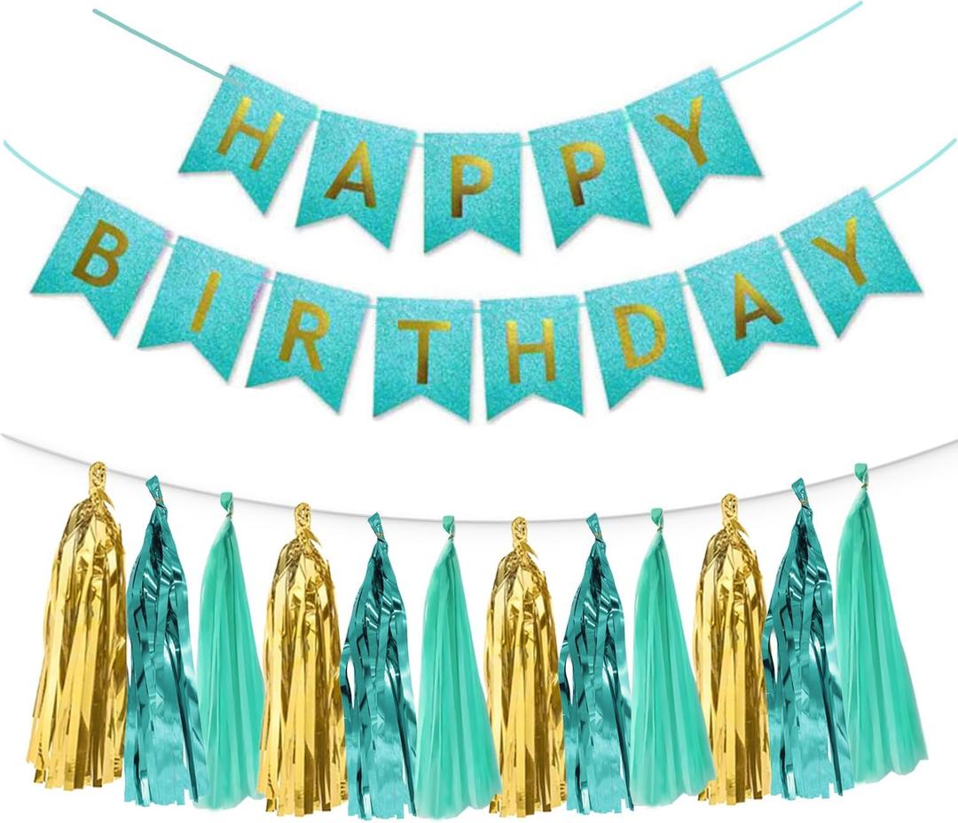 Teal Turquoise Gold Birthday Party Decorations Aqua Mint Birthday Banner Paper Tassel Garland Fringe Streamers for Girls 16th Women 30th 40th 50th Birthday Backdrop Dcor