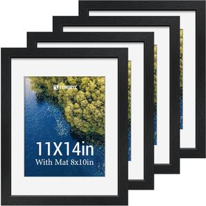 11x14 Picture Frame Set - 4 Pack, Black Solid Wood Photo Frames - Tempered Glass - Displays Photos 8x10 with Mat or 11 x 14 without - Room, Office, Gallery, Studio, and Hallway Decor - Wall Hanging
