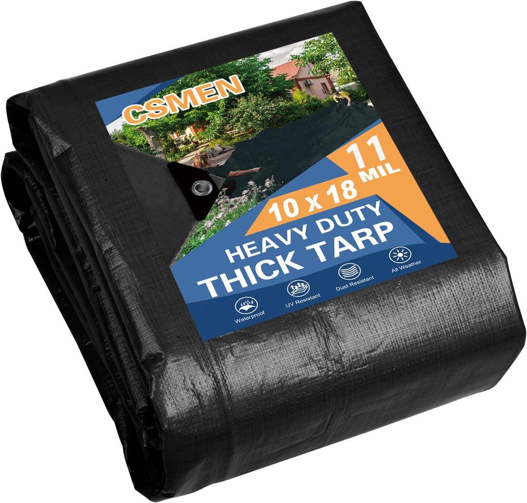 Tarp Heay Duty Waterproof 10x18ft,Black Tarp Cover Plastic Poly Tarpaulin for Outdoor Cover,Emergency Rain,Roof, Pool, Boat,Camping - Multipurpose with 11Mil Thicknessv