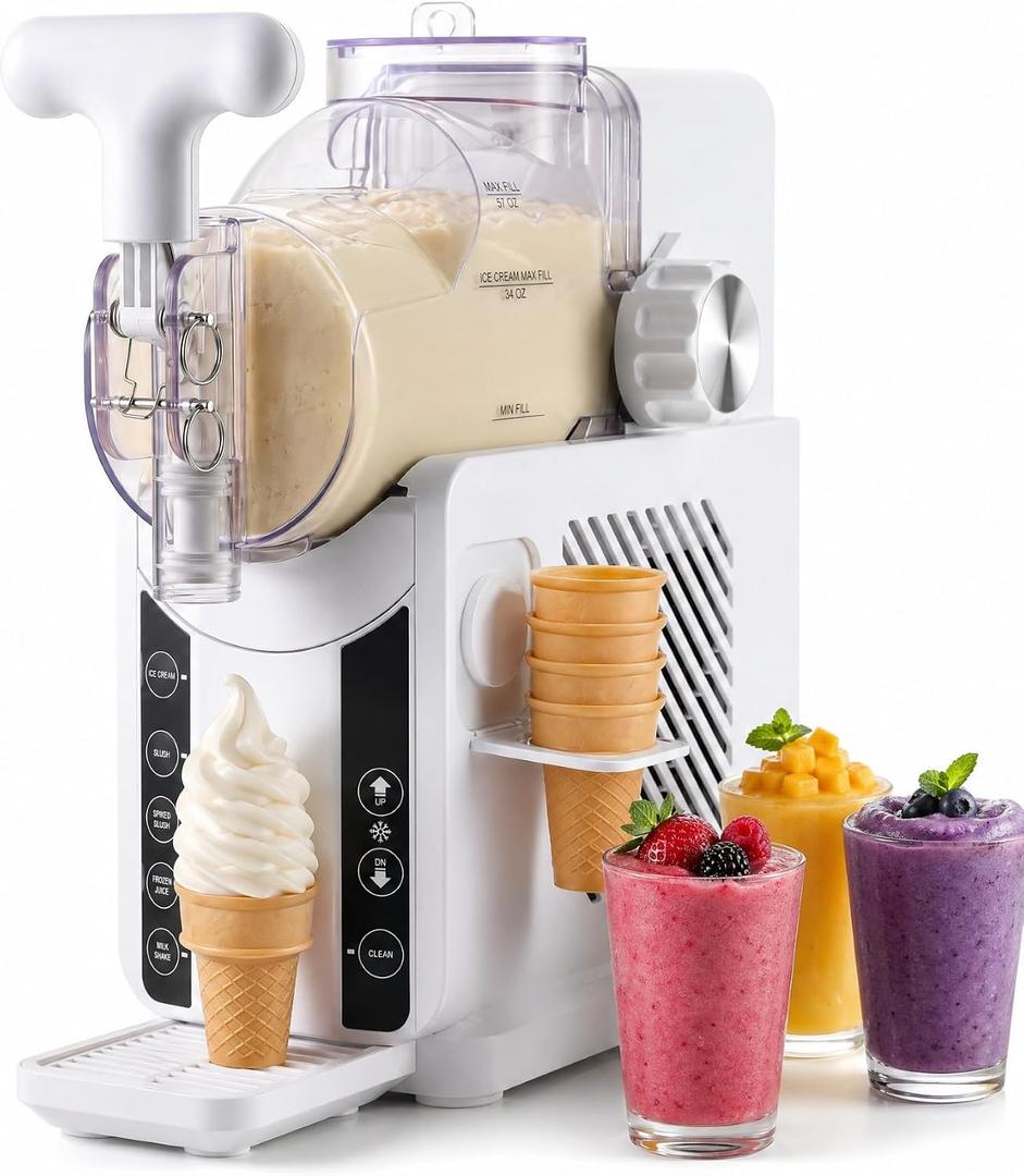 Soft Serve Ice Cream Machine - 67 oz Slushie Machine for Home, 2-In-1 Soft Ice Cream Slushy Maker with 5 Pre-Set Modes, No Ice Needed Frozen Drink Machine for Margarita, Milkshake, Frappés (White)